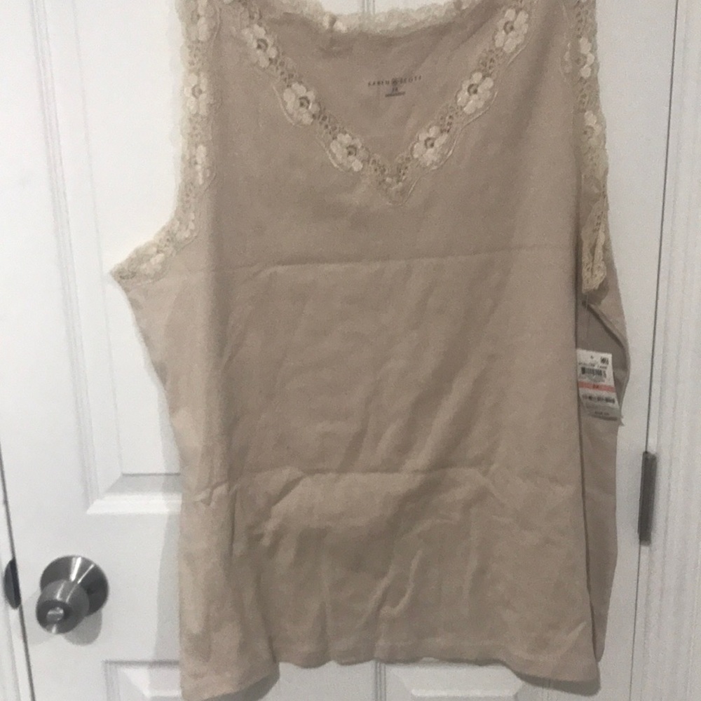 100% Cotton Karen Scott Tank Top with scalloped lace at neckline & arm openings